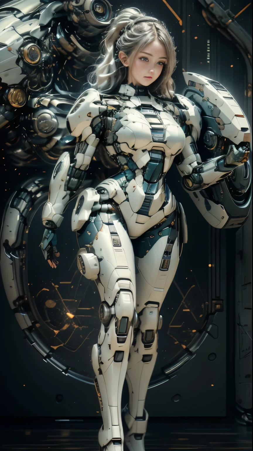 (best quality, 8k, masterpiece: 1.2), ultra detailed, (ultra realistic, photorealistic: 1.37), ultra detailed, 1 girls, short hair, mecha-style robotic armor, beautiful detailed eyes, beautiful detailed nose, full body, breasts huge, bewitching thighs erotic, woman, white hair battlefield Alien battlefield