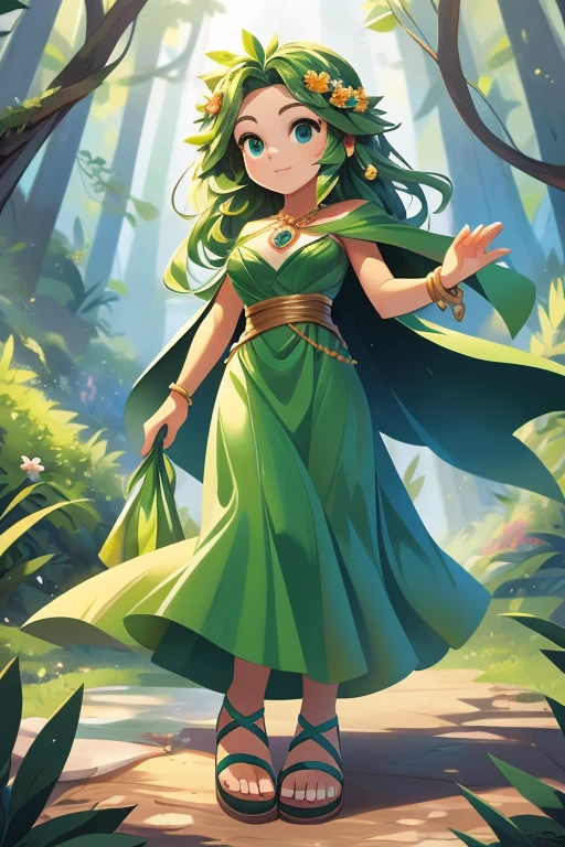 Nome completo: Gaia Greenleaf
Pode:
Manipulate the earth and control plants Create earthquakes and landslides Heal through contact with nature Color: Verde esmeralda
Estilo de roupa:
Long green dress with leaf details Rustic sandals Green cape with vine details Accessories:
Coroa de flores e folhas
Bracelete com pedras verdes
Colar com pingente de folha
Tela de fundo:
lush forest with tall trees, plantas e animais da natureza