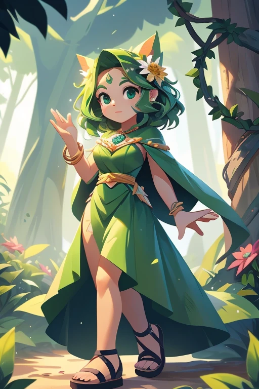 Nome completo: Gaia Greenleaf
Pode:
Manipulate the earth and control plants Create earthquakes and landslides Heal through contact with nature Color: Verde esmeralda
Estilo de roupa:
Long green dress with leaf details Rustic sandals Green cape with vine details Accessories:
Coroa de flores e folhas
Bracelete com pedras verdes
Colar com pingente de folha
Tela de fundo:
lush forest with tall trees, plantas e animais da natureza
