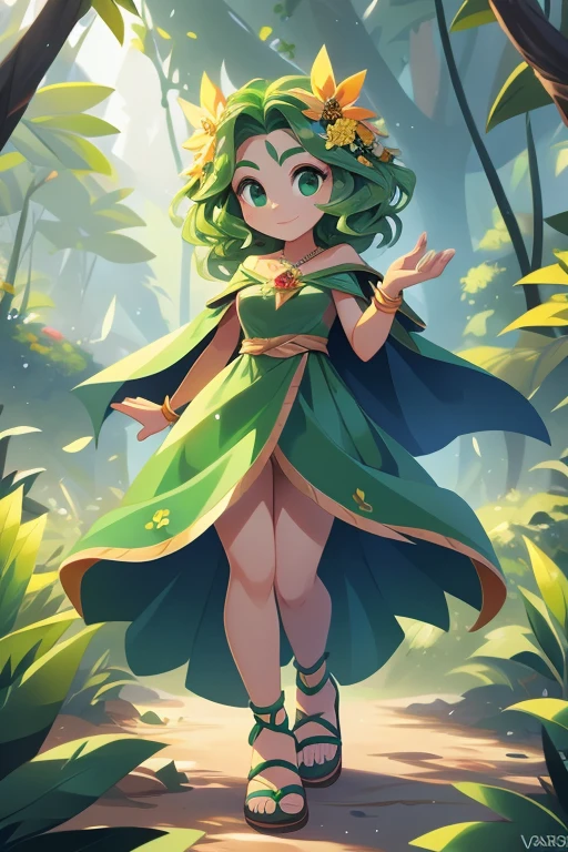 Nome completo: Gaia Greenleaf
Pode:
Manipulate the earth and control plants Create earthquakes and landslides Heal through contact with nature Color: Verde esmeralda
Estilo de roupa:
Long green dress with leaf details Rustic sandals Green cape with vine details Accessories:
Coroa de flores e folhas
Bracelete com pedras verdes
Colar com pingente de folha
Tela de fundo:
lush forest with tall trees, plantas e animais da natureza