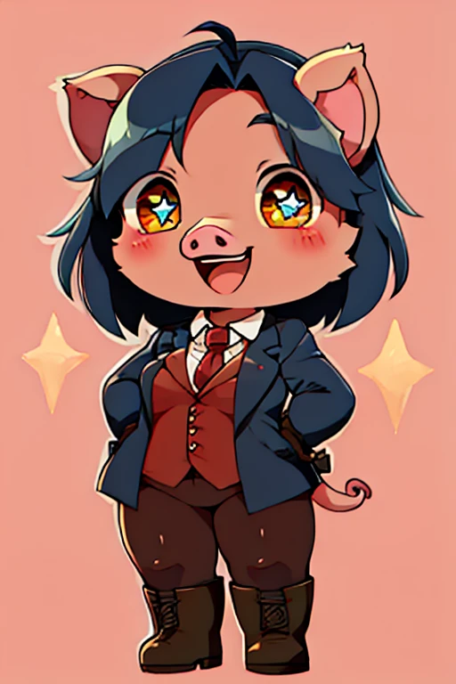 boy, pig, furry, bodyfur, blazer, bottomless, tights, gloves, boots, chibi, happy, sparkling eyes