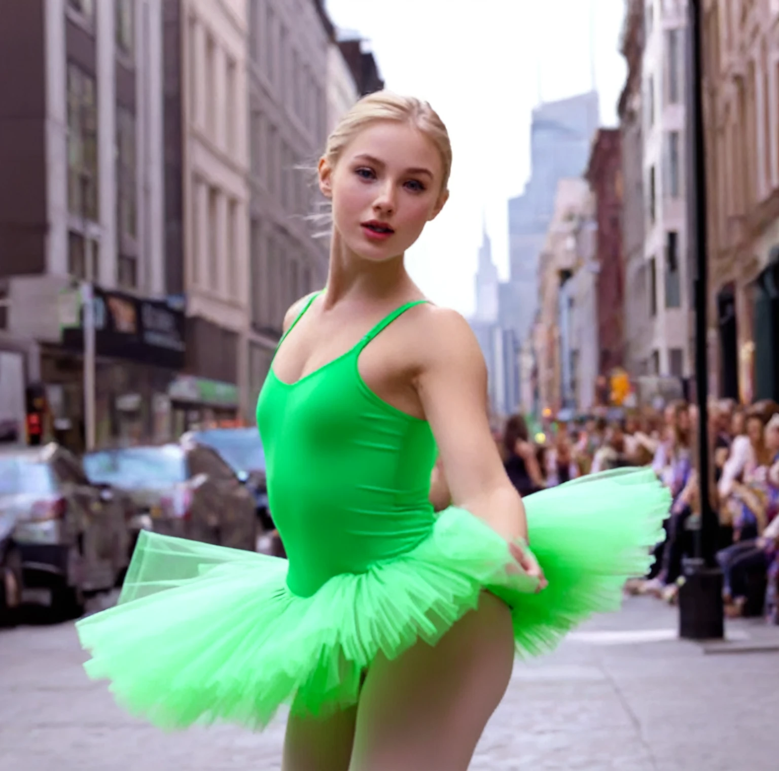 young woman:1,Blonde hair, bright highlighting, green slanted eyes, sharp upturned thin nose, freckles, plump lips, blush, thin chiseled figure), (Best quality, 4k, 8K, a high resolution,masterpiece: 1.2),Super detailed (A ballerina in the center of a big city dances in a tutu and ballerina pointe shoes: dancing in a tutu, in pointe shoes, black swimsuit. She is blonde with green eyes. long skinny legs, big breasts.