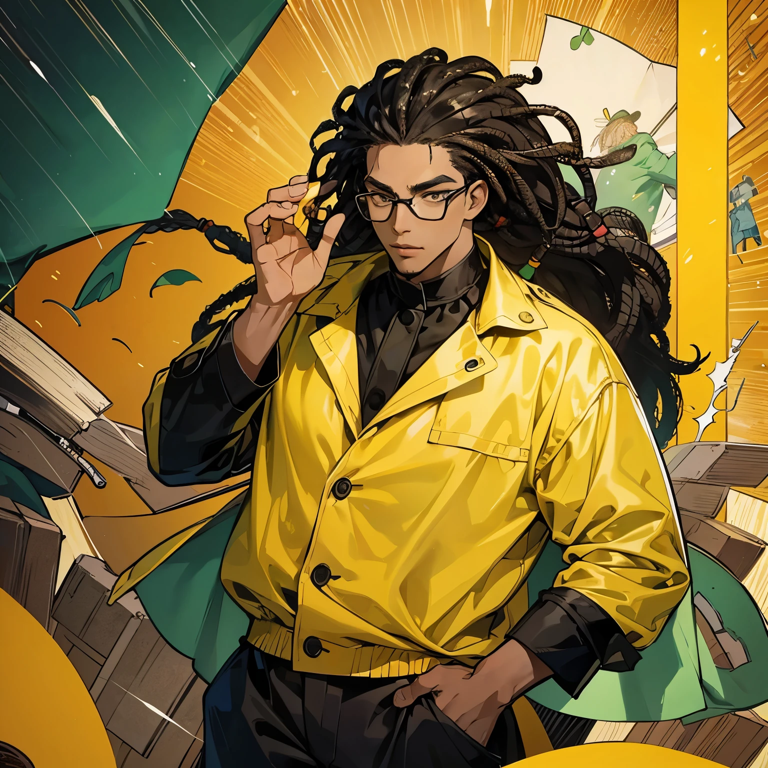 illustration by herge,  a black man with dreadlocks plus size with prescription glasses dressed in a raincoat Yellow 