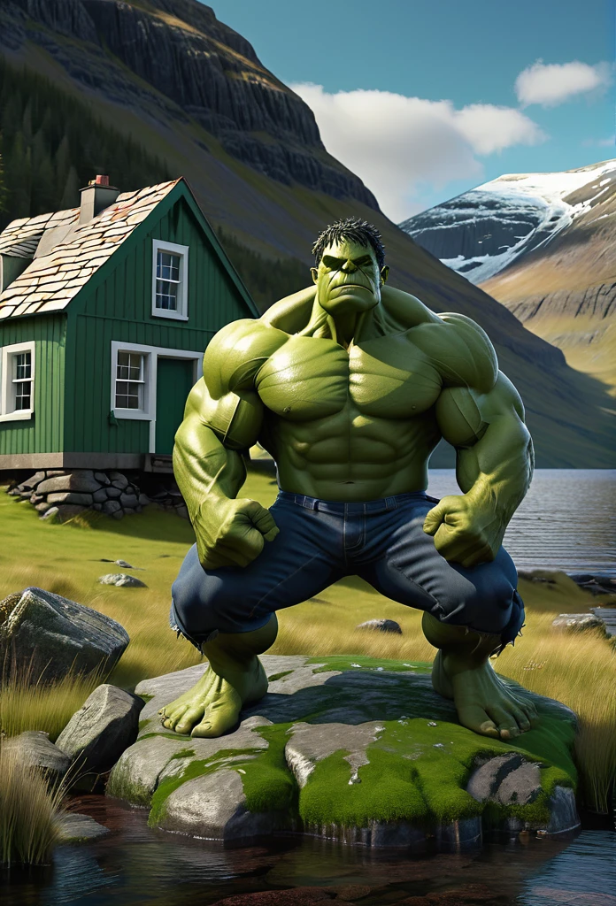 Masterpiece, High resolution, 8k, RAW, Hulk is doing yoga pose and levitate from the ground, perfect face, with Scotland Bothy and enigmatic loch with mesmerizing Scottish Highland in background, Don Lawrence realistic style, octane render, cinematic