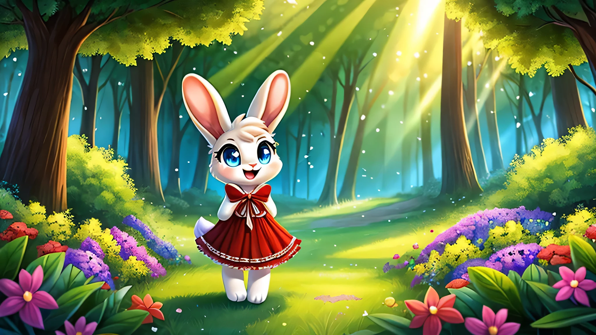 zoomed out image, ((solo character)), cute style art, fantasy style art, cute, adorable, short character, small, tiny little fluffy female white bunny with blue eyes, 4 ears, 2 extra ears, big floppy ears, long ears, ears perked up, raised ears, long eyelashes, poofy rabbit tail, wearing a red frilly ribbon dress, smiling, standing in a thick green forest, realistic forest, soft tones, big expressive smile, open mouth, wide eyes, excited eyes, excited face, looking at the scenery, looking at the trees in wonder, exploring happily, stunning visuals, sunlight coming through the trees, flowers scattered in the bushes, butterflies in the air, digital illustration