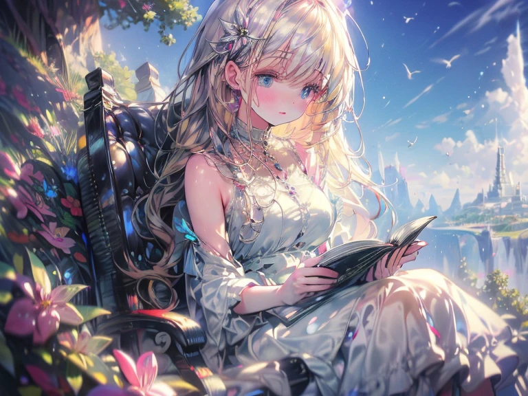 Transport yourself to a world of beauty and detail with this amazing prompt. A girl sits at the edge of a cliff, surrounded by a stunning landscape. The natural light creates a dreamy atmosphere, highlighting her cute dress and long hair. She studies intently, her light eyes meeting the viewer's gaze with a hint of embarrassment. In the background, a cascade of waterfalls, birds flying, and a tree with delicate flowers add to the overall enchanting scene.