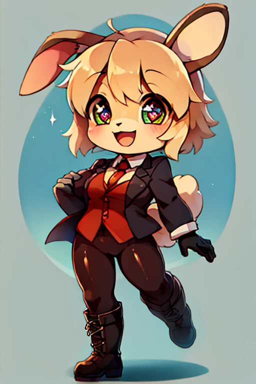 boy, rabbit, furry, bodyfur, blazer, bottomless, tights, gloves, boots, chibi, happy, sparkling eyes