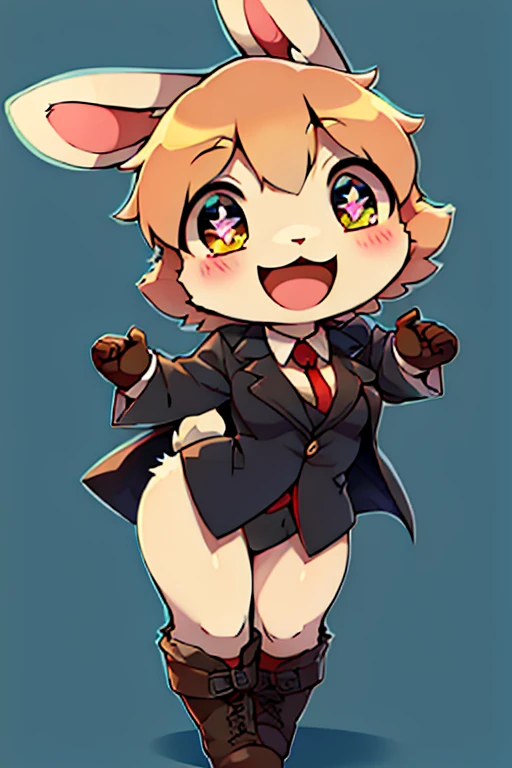 boy, rabbit, furry, bodyfur, blazer, bottomless, tights, gloves, boots, chibi, happy, sparkling eyes