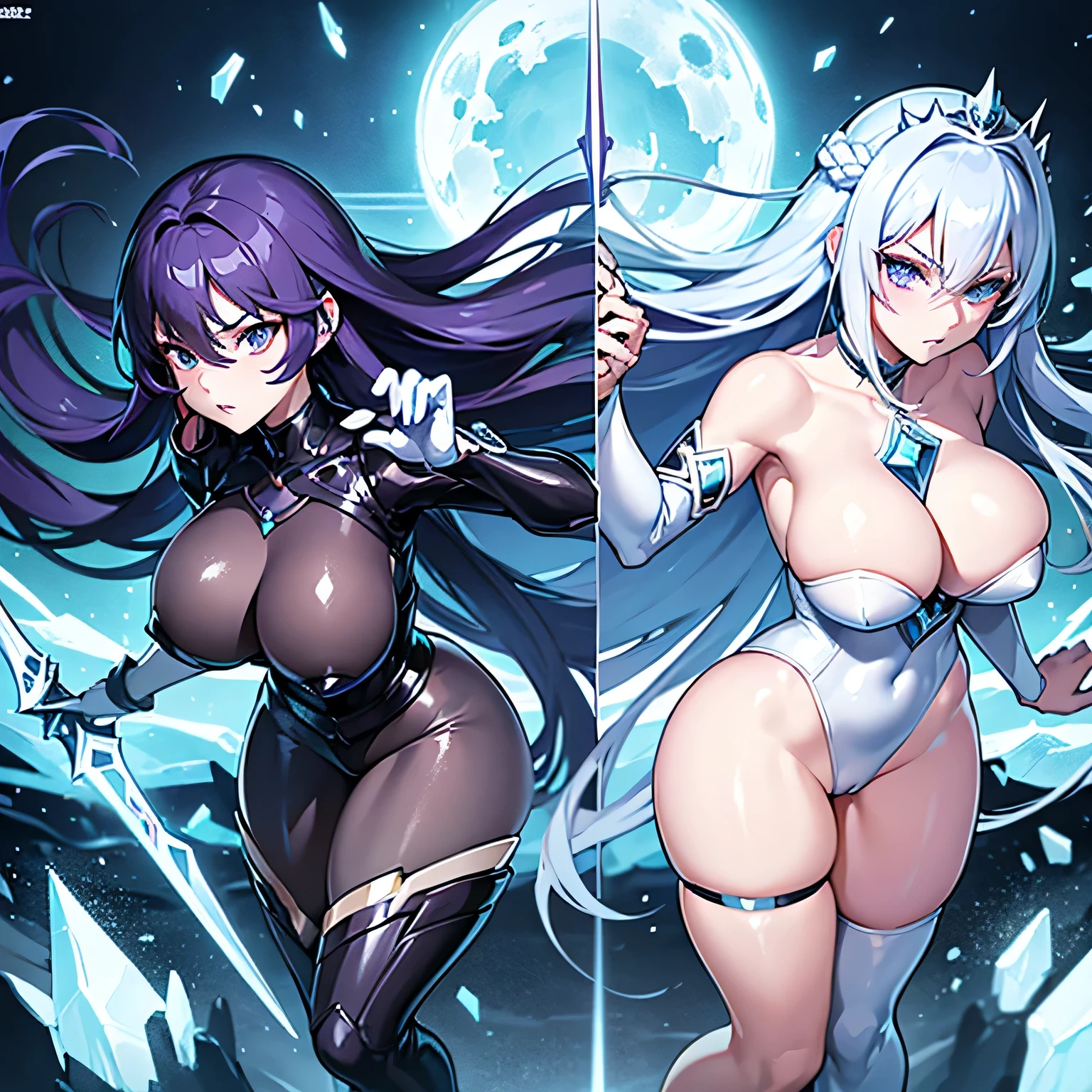 anime style, no mistakes, perfect hands, SFW, 1woman, knight, wearing black armor, no helmet, very long light blue hair, violet eyes, white skin, , wide ass, thick ghs, perfect curves, pretty, serious face, ice, ice rose, ice shards, ice power, ice sword, cold, ice crown, ice heart