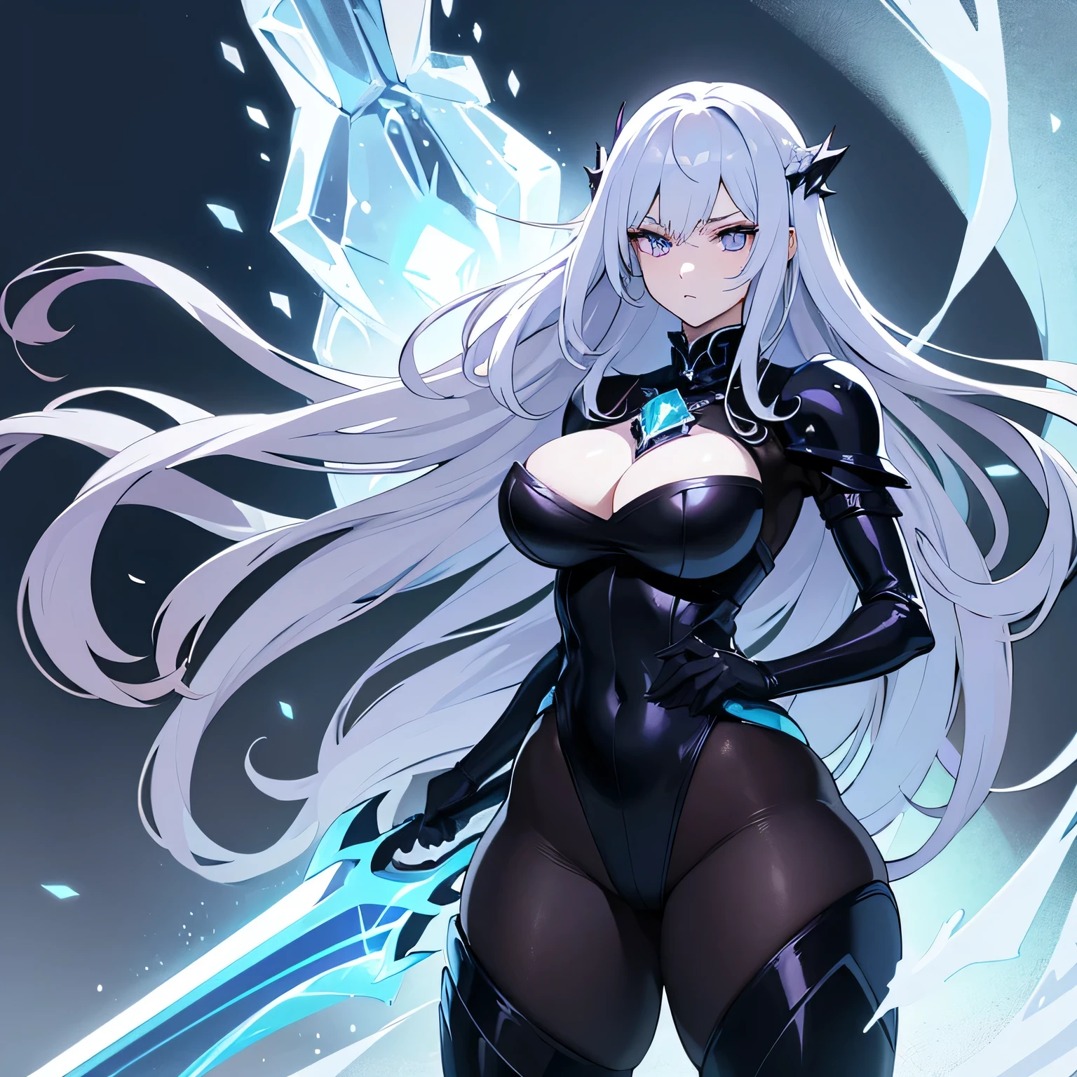 anime style, no mistakes, perfect hands, SFW, 1woman, knight, wearing black armor, no helmet, very long light blue hair, violet eyes, white skin, big breasts, wide ass, thick thighs, perfect curves, pretty, serious face, ice, ice rose, ice shards, ice power, ice sword, cold, ice crown, ice heart