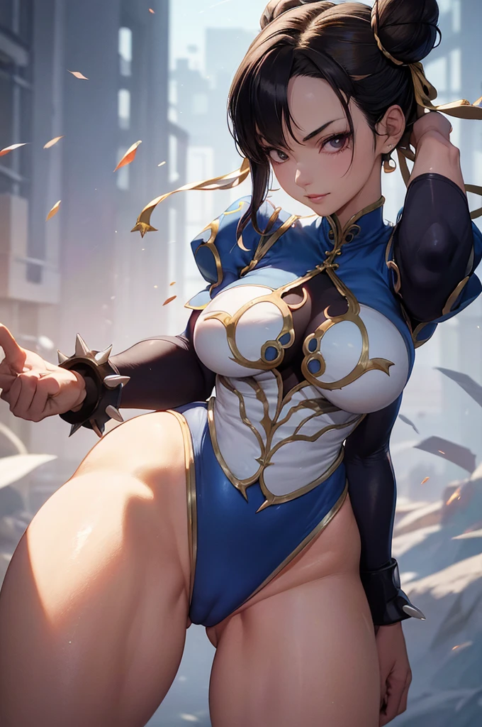 melhor qualidade,roupa azul,chun li,solo, masterpiece, best quality, agrias, grey sweater, black leotard, standing, looking at viewer, short hair,oculos,evil smile, evil look,luvas preta,roupa azul,yandere rosto,low lighting,coxa sarada copo detalhado,olhando para frente juri han,bela,mao detalhada
