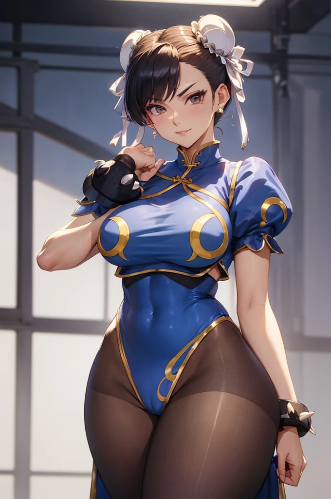 melhor qualidade,roupa azul,chun li,solo, masterpiece, best quality, agrias, grey sweater, black leotard, standing, looking at viewer, short hair,oculos,evil smile, evil look,luvas preta,roupa azul,yandere rosto,low lighting,coxa sarada copo detalhado,olhando para frente juri han,bela,mao detalhada