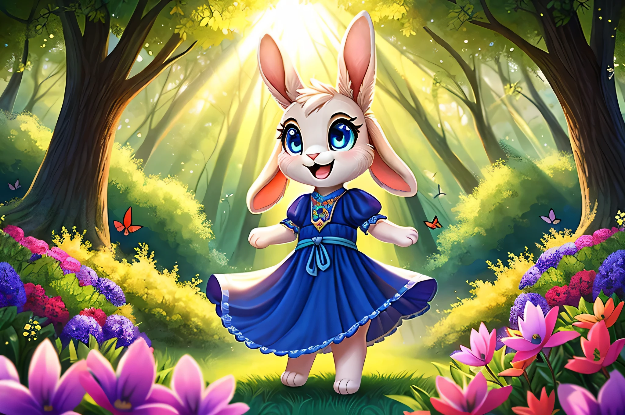 zoomed out image, ((solo character)), cute style art, fantasy style art, cute, adorable, short character, small, tiny little fluffy female white bunny with blue eyes, 4 ears, 2 extra ears, big floppy ears, long ears, ears perked up, raised ears, long eyelashes, poofy rabbit tail, wearing a red frilly ribbon dress, smiling, standing in a thick green forest, realistic forest, soft tones, big expressive smile, open mouth, wide eyes, excited eyes, excited face, looking at the scenery, looking at the trees in wonder, exploring happily, stunning visuals, sunlight coming through the trees, flowers scattered in the bushes, butterflies in the air, digital illustration