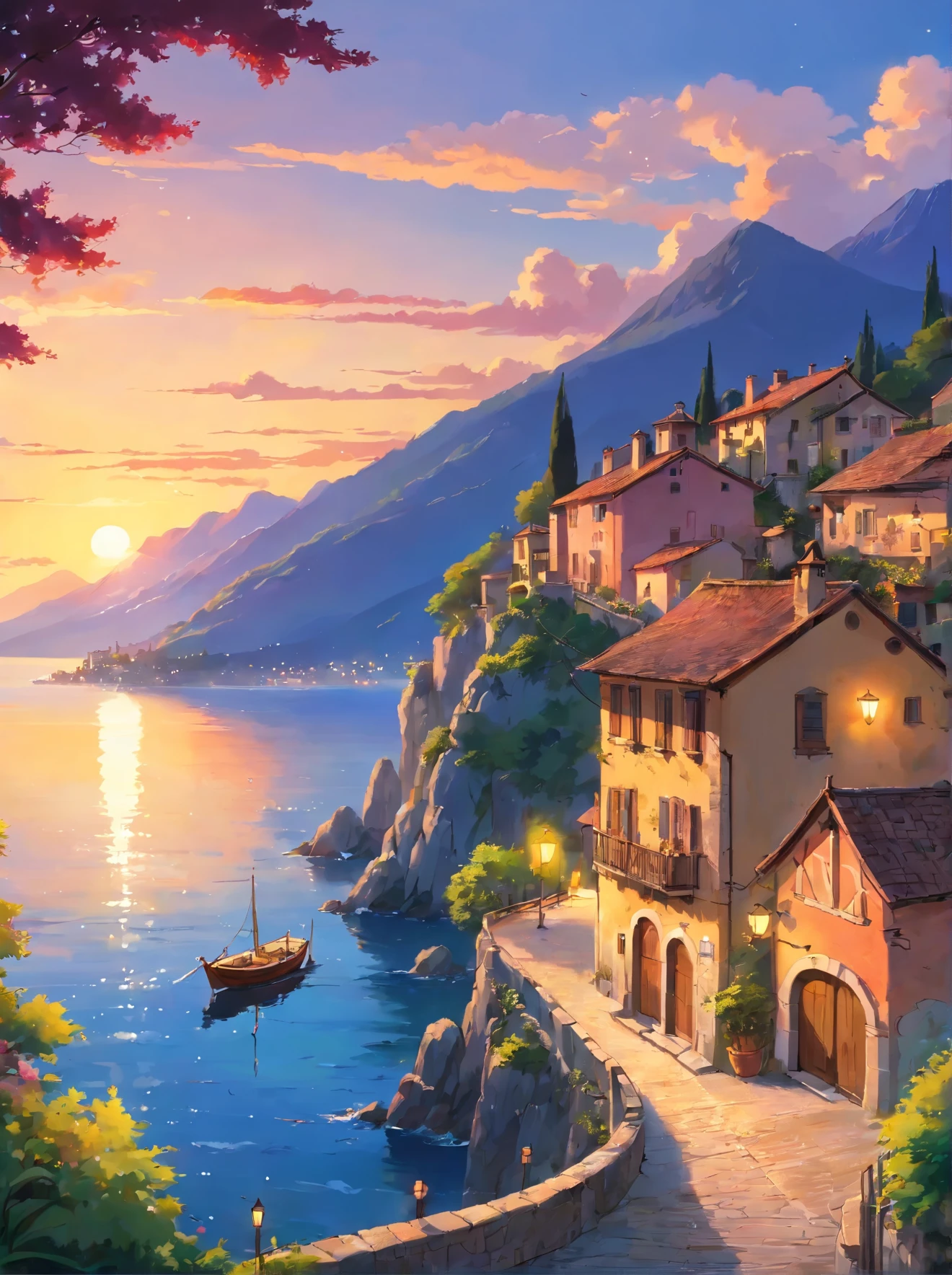 A beautiful and charming Italian village by the shore of lake Cuomo, Italy, sunset, lights on, dramatic lighting