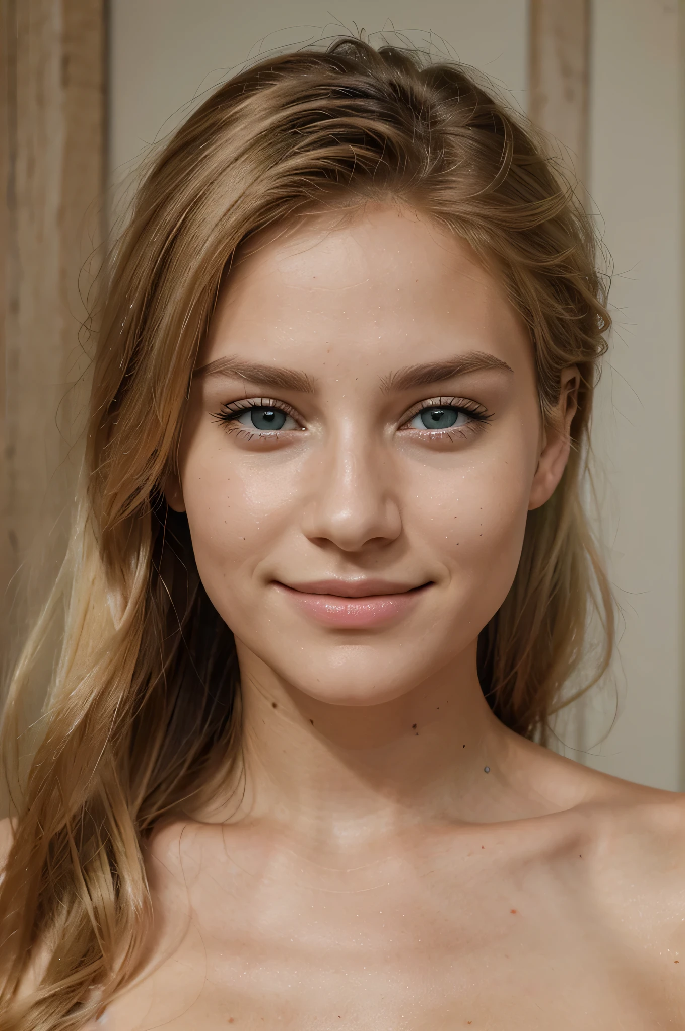belle femme de 22 ans blonde avec cheveux lisse, beau sourire, trait du visage fin, yeux vert, 4k, ultra realiste, full realisme, photo style portrait, sharp face with very precise facial details