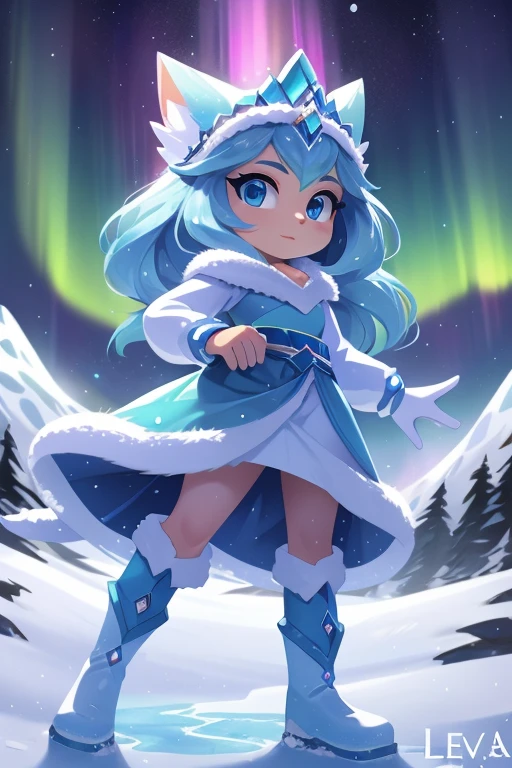 Nome completo: Aurora Frost
Pode:
Create and manipulate ice and snow Create ice constructions to defend yourself Control the temperature around you Color: Azul claro
Estilo de roupa:
Long blue dress with ice details White faux fur coat White high boots Accessories:
Tiara de cristais de gelo
Brincos de pingentes em forma de floco de neve
Luvas brancas com detalhes de gelo
Tela de fundo:
Snow-covered landscape with mountains in the background and aurora borealis in the sky
