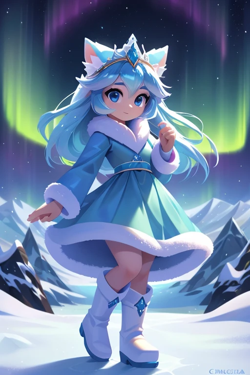 Nome completo: Aurora Frost
Pode:
Create and manipulate ice and snow Create ice constructions to defend yourself Control the temperature around you Color: Azul claro
Estilo de roupa:
Long blue dress with ice details White faux fur coat White high boots Accessories:
Tiara de cristais de gelo
Brincos de pingentes em forma de floco de neve
Luvas brancas com detalhes de gelo
Tela de fundo:
Snow-covered landscape with mountains in the background and aurora borealis in the sky