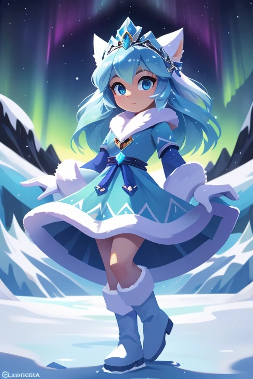 Nome completo: Aurora Frost
Pode:
Create and manipulate ice and snow Create ice constructions to defend yourself Control the temperature around you Color: Azul claro
Estilo de roupa:
Long blue dress with ice details White faux fur coat White high boots Accessories:
Tiara de cristais de gelo
Brincos de pingentes em forma de floco de neve
Luvas brancas com detalhes de gelo
Tela de fundo:
Snow-covered landscape with mountains in the background and aurora borealis in the sky