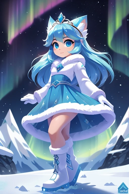 Nome completo: Aurora Frost
Pode:
Create and manipulate ice and snow Create ice constructions to defend yourself Control the temperature around you Color: Azul claro
Estilo de roupa:
Long blue dress with ice details White faux fur coat White high boots Accessories:
Tiara de cristais de gelo
Brincos de pingentes em forma de floco de neve
Luvas brancas com detalhes de gelo
Tela de fundo:
Snow-covered landscape with mountains in the background and aurora borealis in the sky