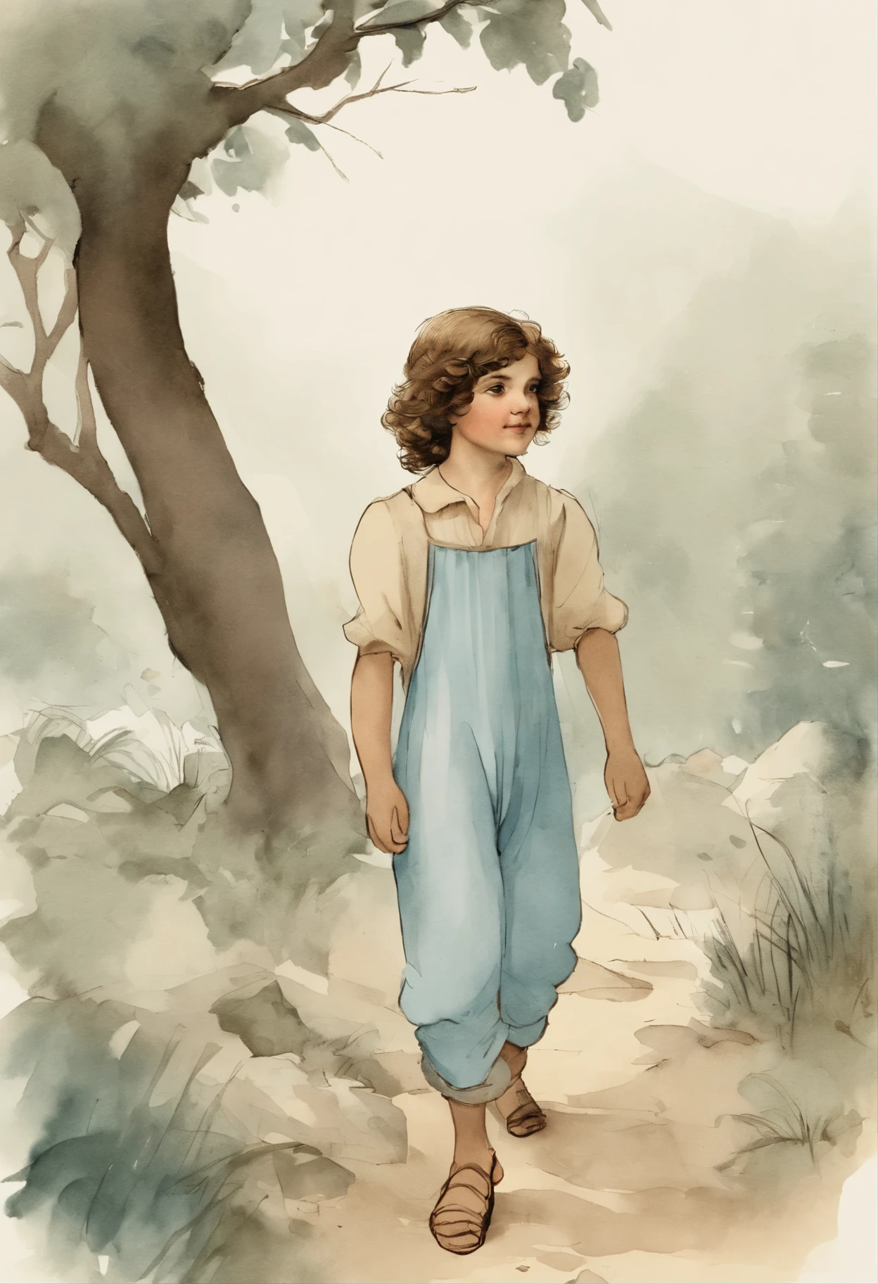 Illustration of a male boy, looking at the camera, olhos castanhos escuro, cabelos castanhos claros, camisa branca, blue jumpsuit, caricatura, desenho de arte de linha, 1600s, Alexandre Dumas:1.4, Richelieu, french forest_Fundo:1.2, Desenho animado estilo UPA:1.8, minimalista, vaqueiro_tomada, (desenho com tinta fina:1.4), (pastries:1.4)