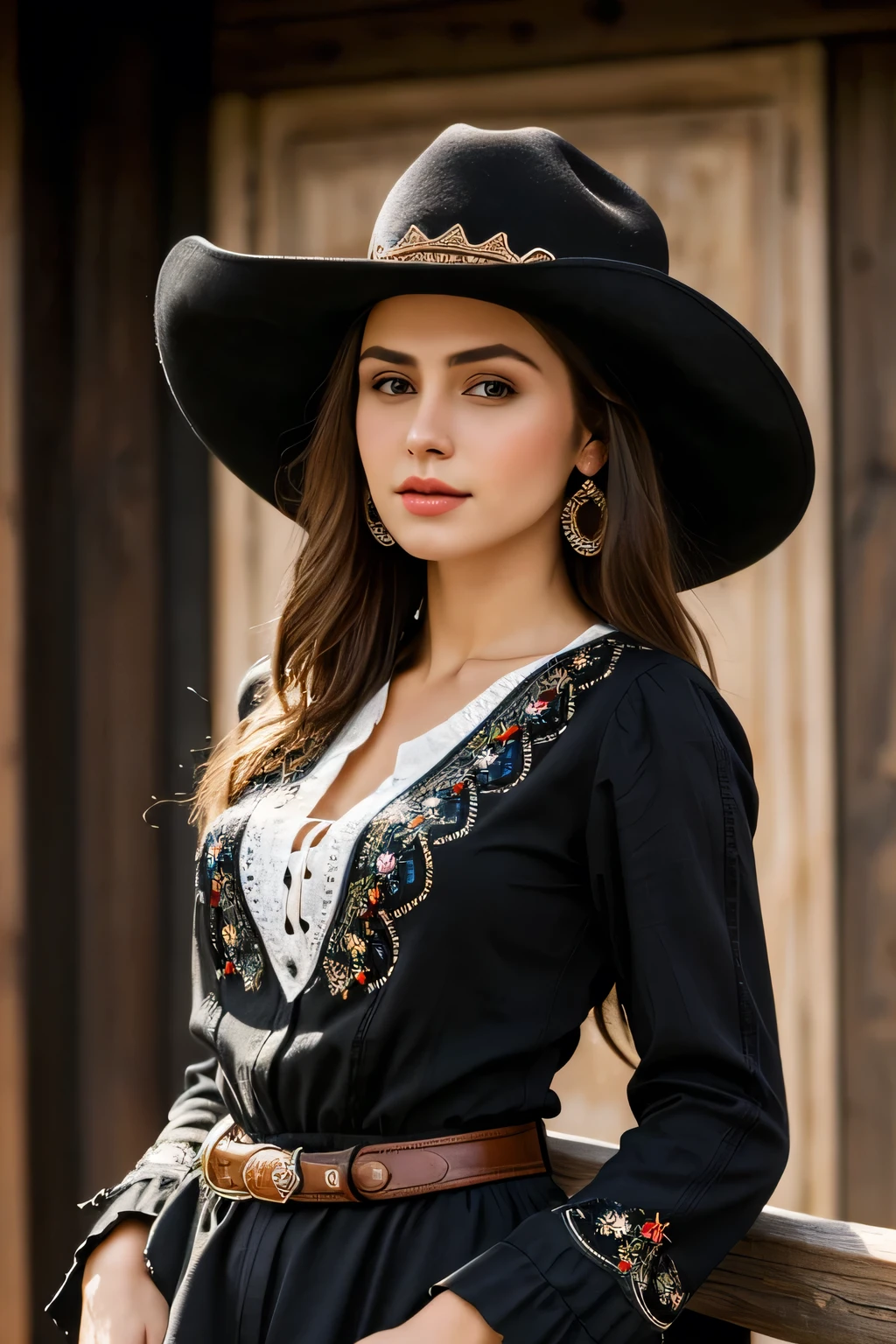 ((Best quality)), ((masterpiece)), (highly detailed:1.3), 3D, beautiful, 1girl, Meksiko, ((Renata Notni)), Meksiko dresscode black, hat cowboy