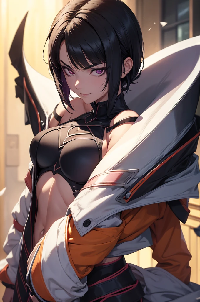one person, 独奏, short hair Blushing, Abdominal muscles Large Breasts, Black Hair bright yellow eyes, Cool eyes Cold Eyes Dark Skin tall Dark skin tone Brown skin Thong G-string Food bangs Trimmed bangs bangsヘア Tight clothing Abdominal musclesが見えてる服 Inner hair yellow muscle Overexposure, Small ears Narrow eyes Light eyes Thread Short jacket Black short jacket BIG ASS Inner color purple