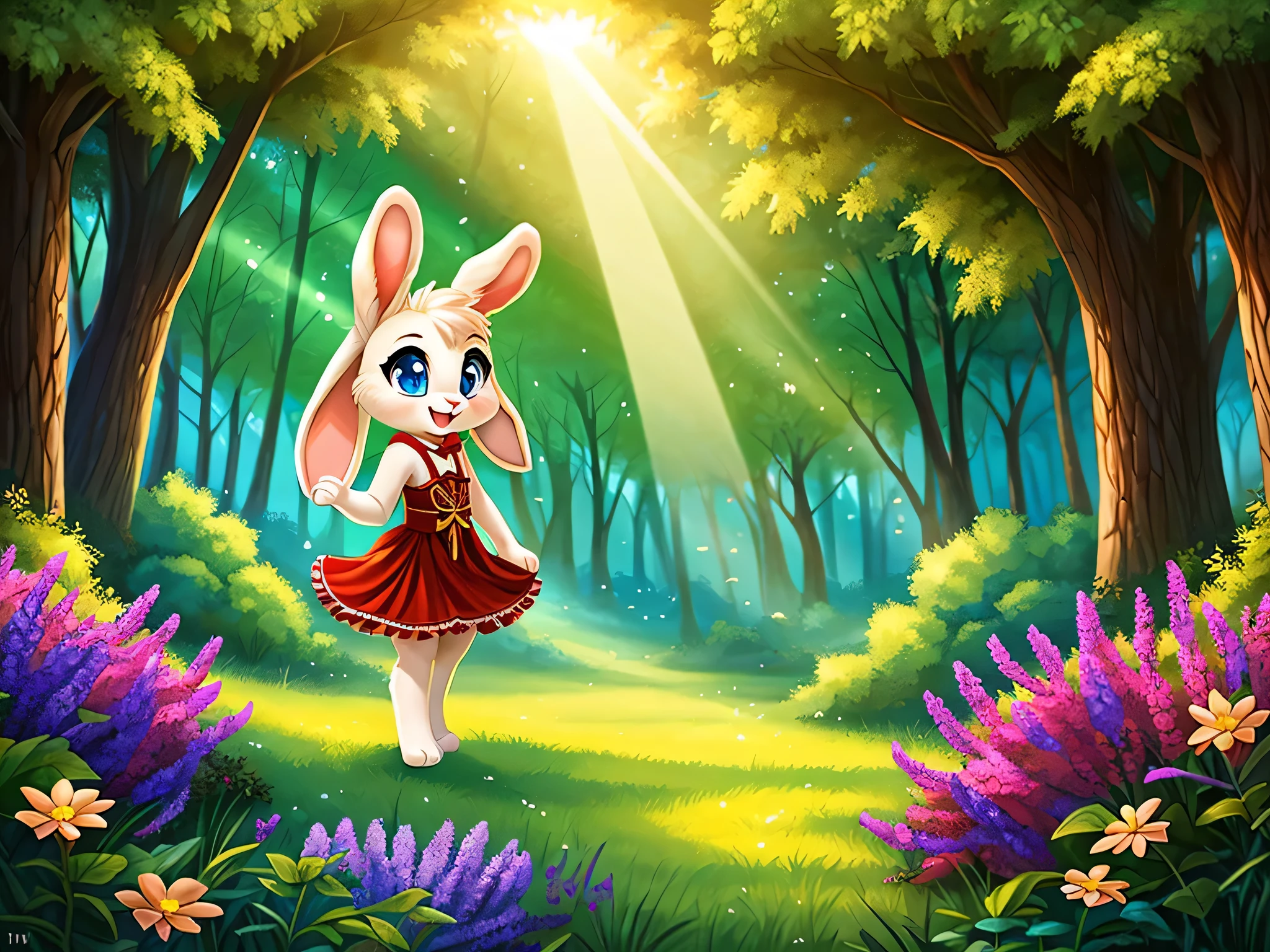 zoomed out image, ((solo character)), cute style art, fantasy style art, cute, adorable, short character, small, tiny little fluffy female white bunny with blue eyes, 4 ears, 2 extra ears, big floppy ears, long ears, ears perked up, raised ears, long eyelashes, poofy rabbit tail, wearing a red frilly ribbon dress, smiling, standing in a thick green forest, realistic forest, soft tones, big expressive smile, open mouth, wide eyes, excited eyes, excited face, looking at the scenery, looking at the trees in wonder, exploring happily, stunning visuals, sunlight coming through the trees, flowers scattered in the bushes, butterflies in the air, digital illustration