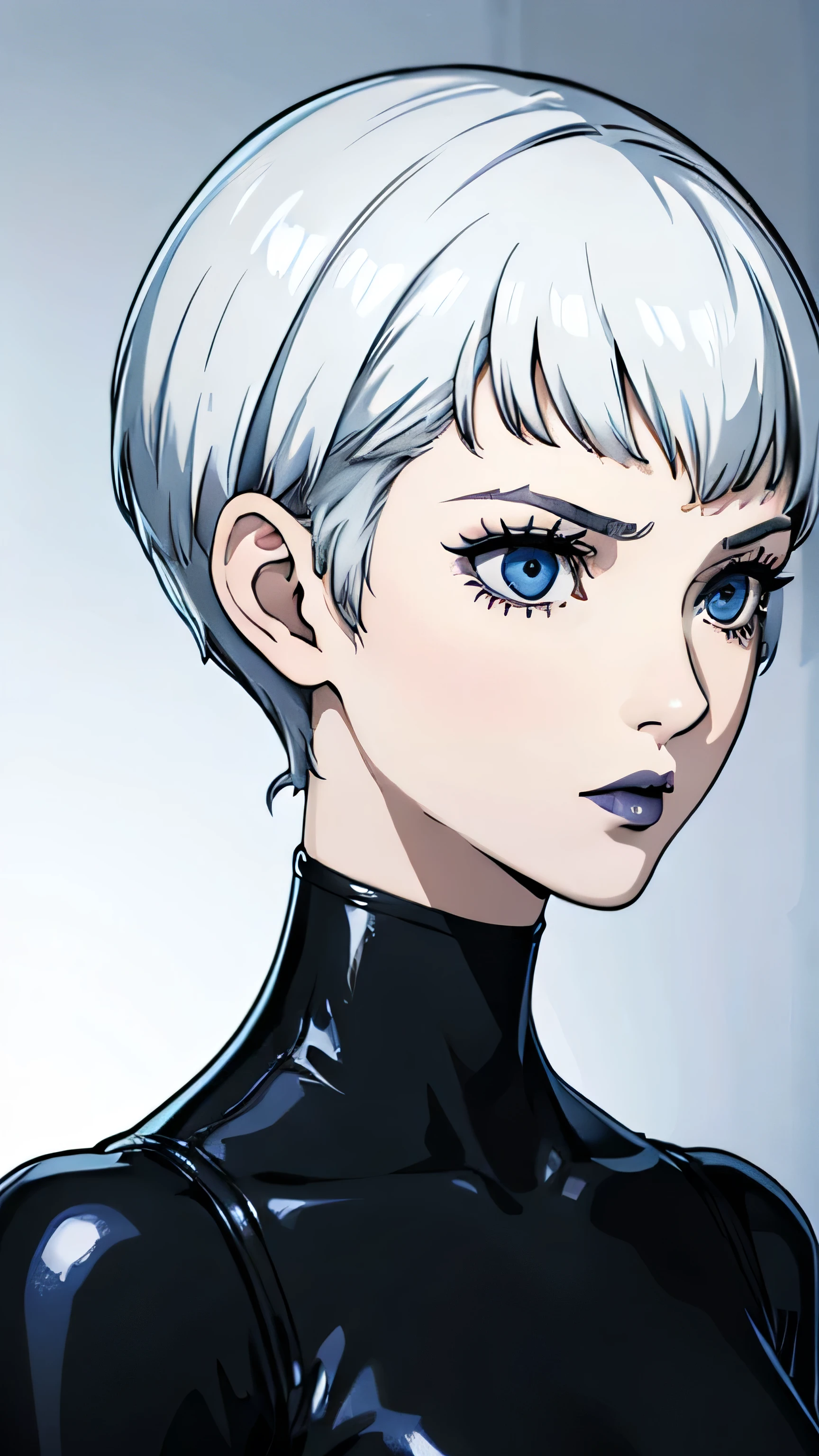 1girl, serious face, lipstick, very Short hair, white hair, blue eyes, portrait, Pixie hair cut, Black battle suit, black choker, Black lipstick