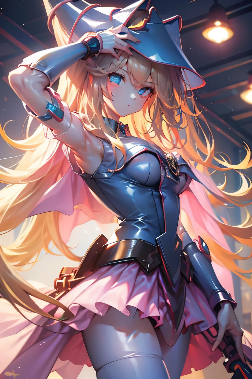 Hatsune Miku disfrazada de dark magician gils. Pose sensual y seductora. Fondo de magia. Ropa transparente y traslucida. Se le ven las tetas y la tanga. Hoy. desnudo. sexo.