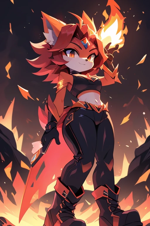 Personagem: Ember Features:
Personalidade: Feroz, impulsiva, poderosa
Poder: Controle sobre o fogo
Nome completo: Ember Blaze
Pode:
Create and manipulate flames Control the temperature around you Generate explosions of fire Color: Vermelho intenso
Estilo de roupa:
Red top with fire details Tight black pants Black combat boots Accessories:
Colar com pingente de chama
Pulseiras de metal com detalhes de chamas
Anel em forma de chama
Tela de fundo:
Volcano erupting with lava gushing and flames all around