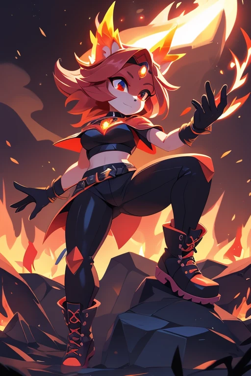 Personagem: Ember Features:
Personalidade: Feroz, impulsiva, poderosa
Poder: Controle sobre o fogo
Nome completo: Ember Blaze
Pode:
Create and manipulate flames Control the temperature around you Generate explosions of fire Color: Vermelho intenso
Estilo de roupa:
Red top with fire details Tight black pants Black combat boots Accessories:
Colar com pingente de chama
Pulseiras de metal com detalhes de chamas
Anel em forma de chama
Tela de fundo:
Volcano erupting with lava gushing and flames all around