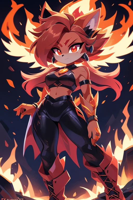 Personagem: Ember Features:
Personalidade: Feroz, impulsiva, poderosa
Poder: Controle sobre o fogo
Nome completo: Ember Blaze
Pode:
Create and manipulate flames Control the temperature around you Generate explosions of fire Color: Vermelho intenso
Estilo de roupa:
Red top with fire details Tight black pants Black combat boots Accessories:
Colar com pingente de chama
Pulseiras de metal com detalhes de chamas
Anel em forma de chama
Tela de fundo:
Volcano erupting with lava gushing and flames all around