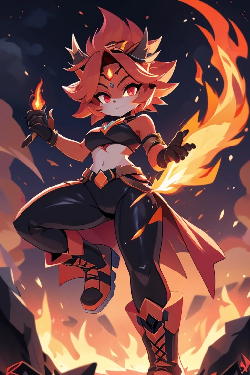 Personagem: Ember Features:
Personalidade: Feroz, impulsiva, poderosa
Poder: Controle sobre o fogo
Nome completo: Ember Blaze
Pode:
Create and manipulate flames Control the temperature around you Generate explosions of fire Color: Vermelho intenso
Estilo de roupa:
Red top with fire details Tight black pants Black combat boots Accessories:
Colar com pingente de chama
Pulseiras de metal com detalhes de chamas
Anel em forma de chama
Tela de fundo:
Volcano erupting with lava gushing and flames all around