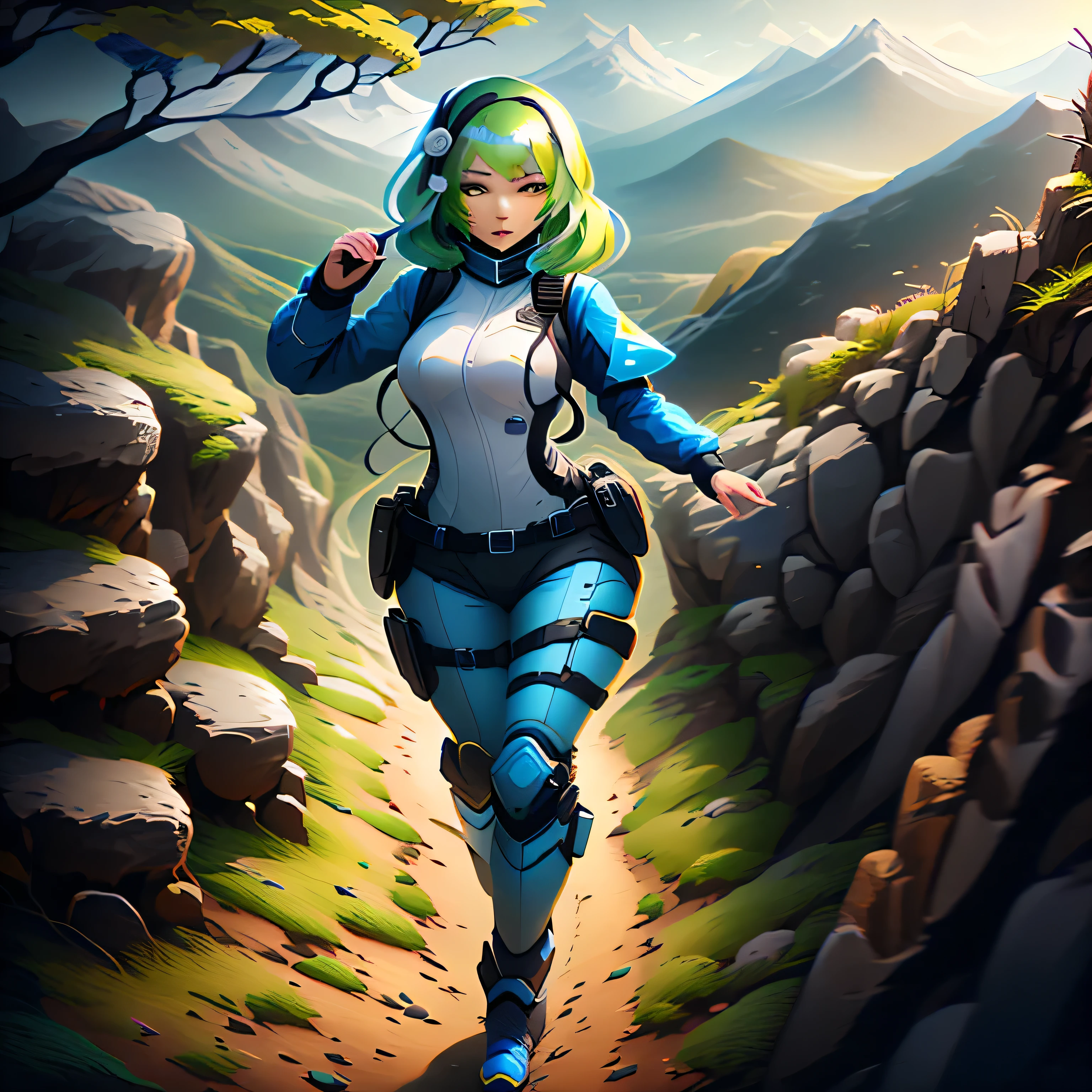 arafed woman with green hair and blue and white outfit walking on a path, senna from league of legends, android heroine, rogue anime girl, as overwatch character, wearing techwear and armor, style artgerm, range murata and artgerm, artgerm and atey ghailan, inspired by Jules Chéret,