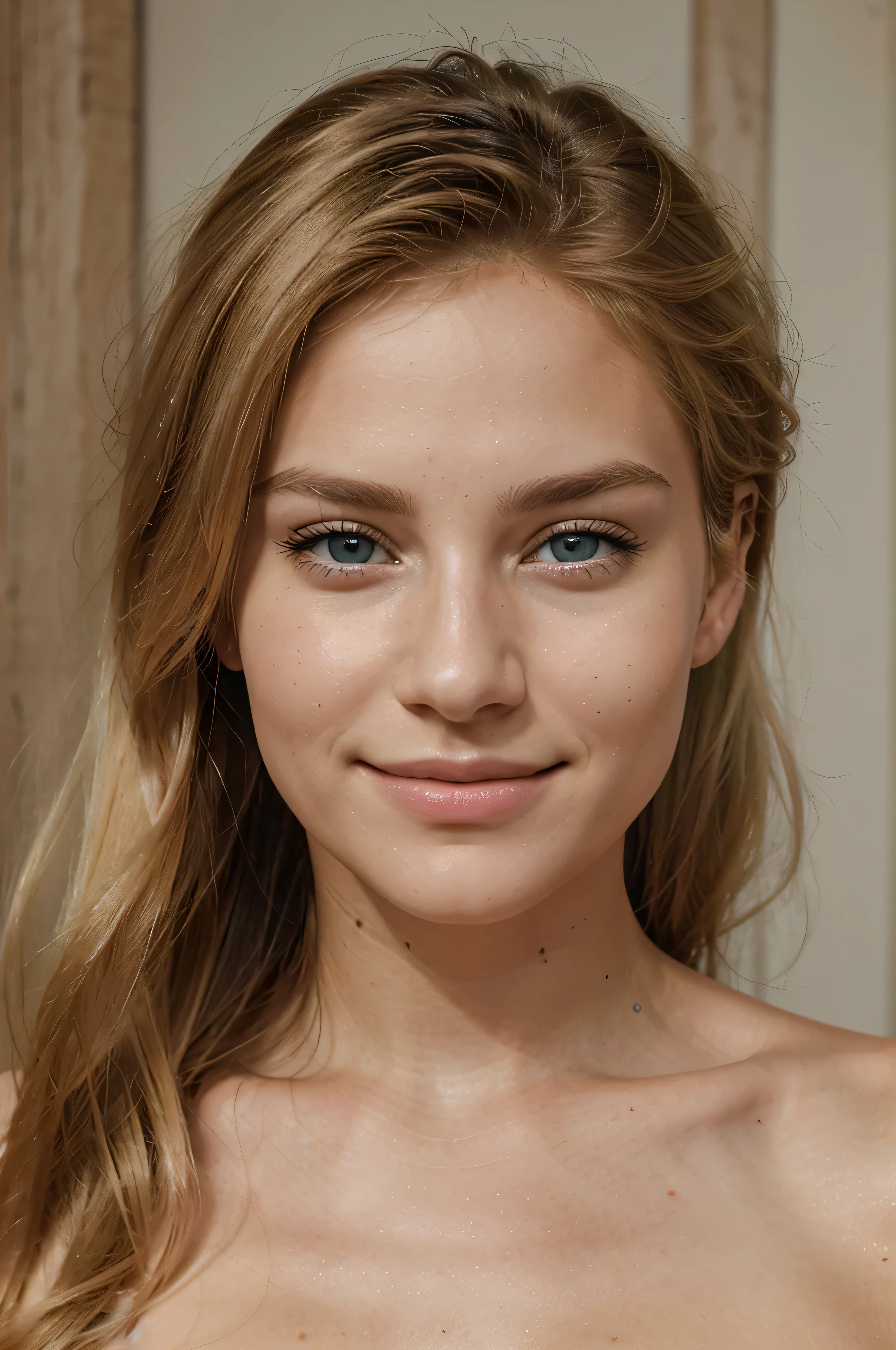 belle femme de 22 ans blonde avec cheveux lisse, beau sourire, trait du visage fin, yeux vert, 4k, ultra realiste, full realisme, photo style portrait, sharp face with very precise facial details