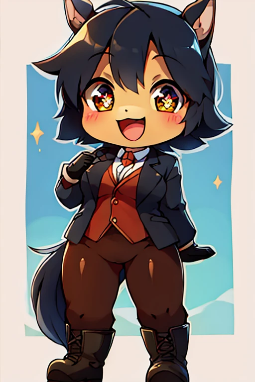 boy, horse, furry, bodyfur, blazer, bottomless, tights, gloves, boots, chibi, happy, sparkling eyes