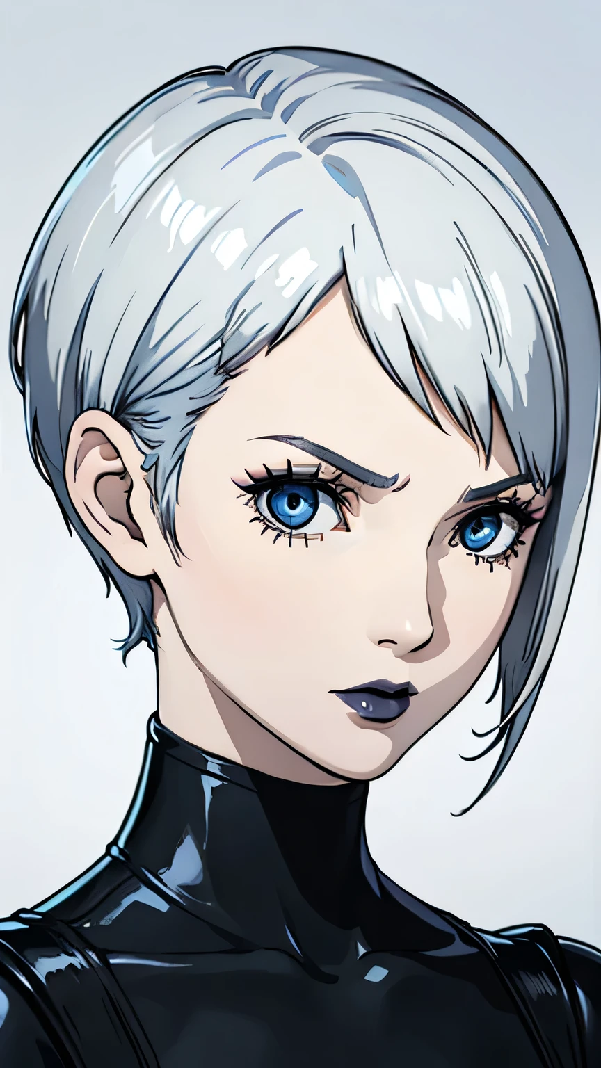 1girl, serious face, lipstick, very Short hair, white hair, blue eyes, portrait, Pixie hair cut, Black battle suit, black choker, Black lipstick 