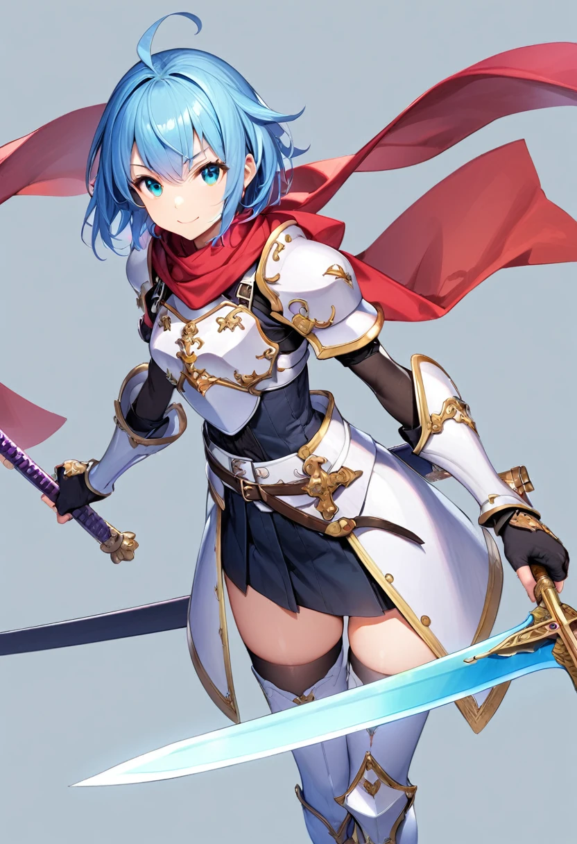 (masutepiece, Best Quality), 1girl, solo, weapon, blue-hair, sword, thighhighs, armor, scarf, short-hair, blue-eyes, boots, thigh-boots, full-body, skirt, ahoge, zettai-ryouiki, simple-background, gloves, holding, sheath, shoulder-armor, looking-at-viewer, pauldrons, standing, breastplate, aqua-eyes, red-scarf , belt, fingerless-gloves, smile, white-thighhighs, holding-weapon, white-footwear