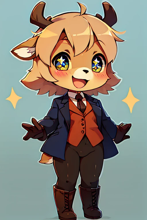 boy, deer, furry, bodyfur, blazer, bottomless, tights, gloves, boots, chibi, happy, sparkling eyes