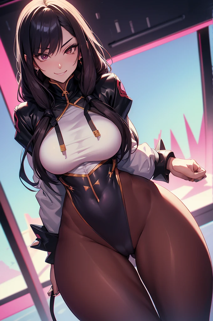 juri han,extremely long hair perfect anatomy 1 girl tall solo curvy ((muscular)) hoodie leggings toned body,Evil Smile,,chifres de cabelo,detalhes do corpo