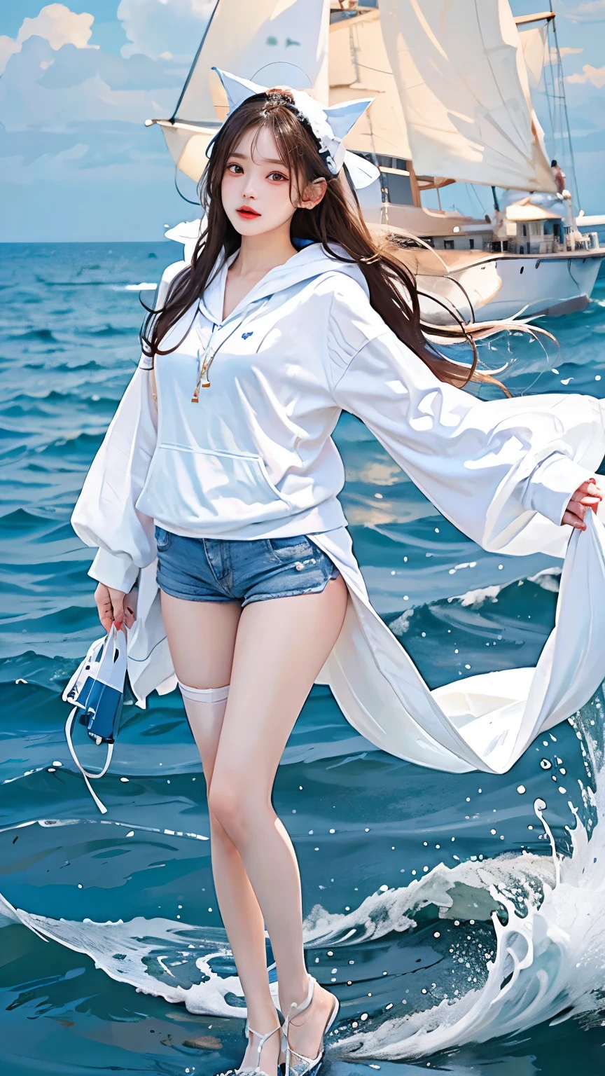In the clear blue sea、Wearing a white hoodie fluttering in the wind、A woman wearing shorts、standing on the waves。Her hair is long、Shine white、Swaying in the waves。Red Eyes - Full Body Photo