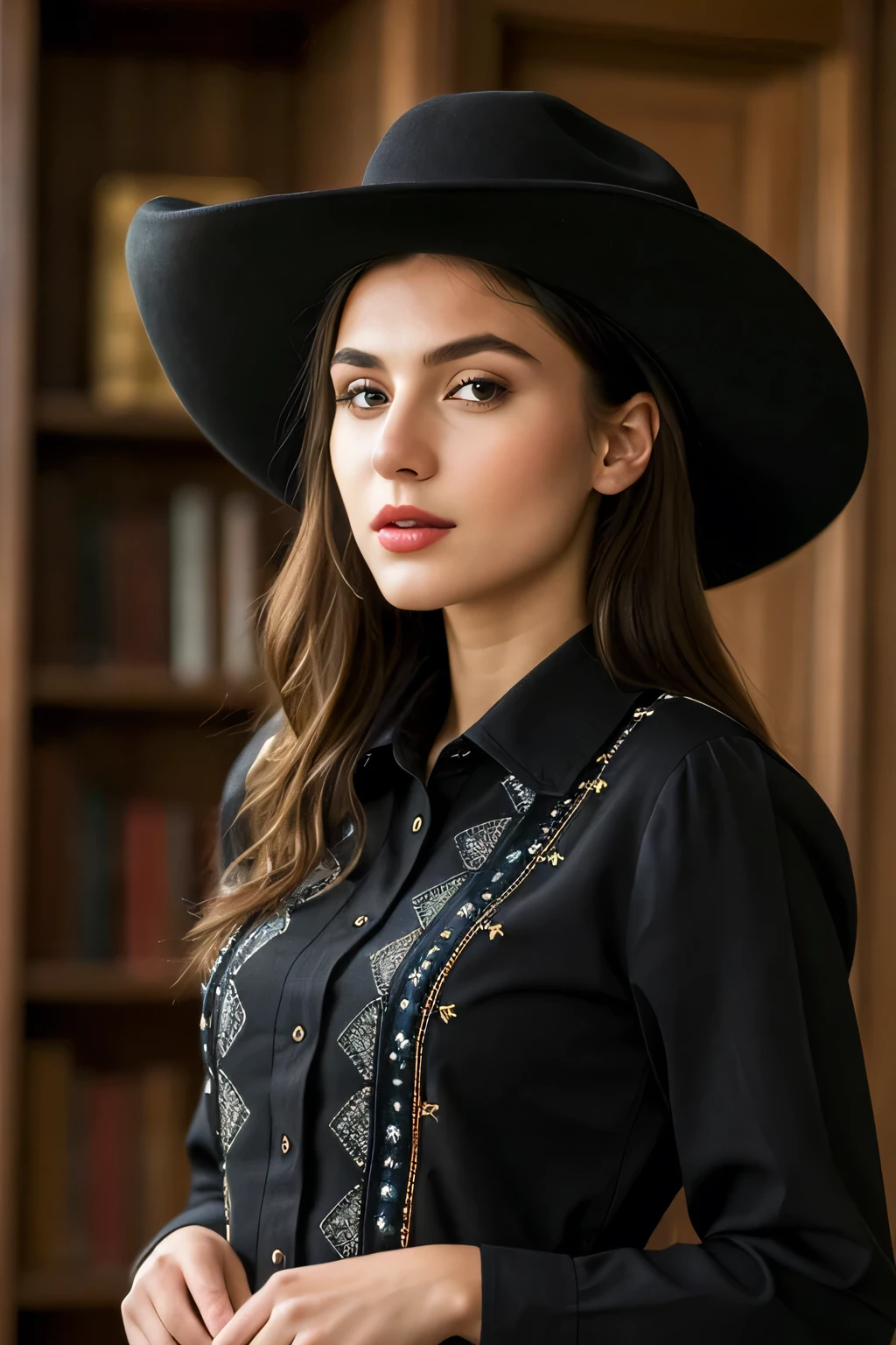 ((Best quality)), ((masterpiece)), (highly detailed:1.3), 3D, beautiful, 1girl, Meksiko, ((Renata Notni)), Meksiko dresscode black, hat cowboy