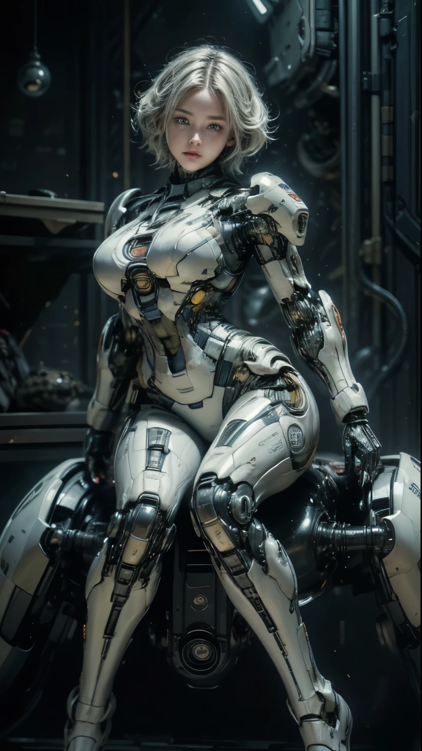 (best quality, 8k, masterpiece: 1.2), ultra detailed, (ultra realistic, photorealistic: 1.37), ultra detailed, 1 girls, short hair, mecha-style robotic armor, beautiful detailed eyes, beautiful detailed nose, full body, breasts huge, bewitching thighs erotic, woman, white hair ((battlefield Alien battlefield))