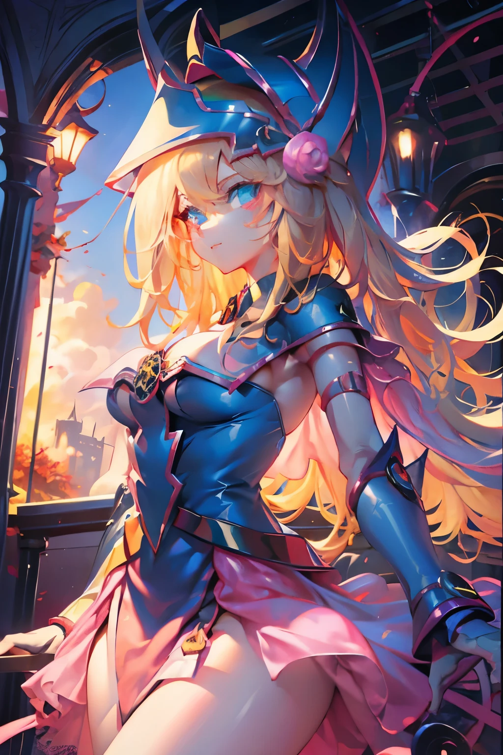 Hatsune Miku disfrazada de dark magician gils. Pose sensual y seductora. Fondo de magia. Ropa transparente y traslucida. Se le ven las tetas y la tanga. Hoy. desnudo. sexo.