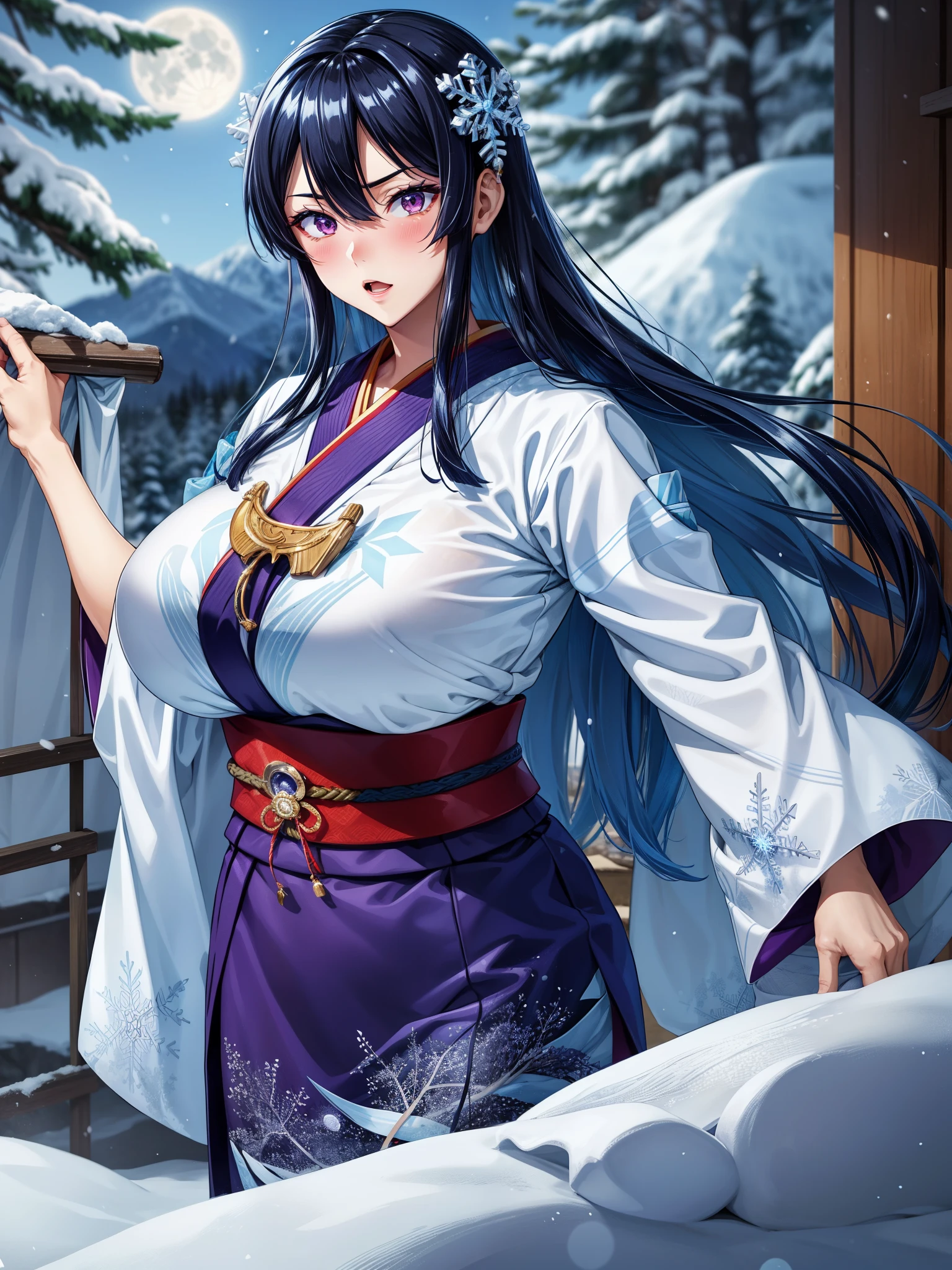 score_9_up, score_8_up, score_7_up, dynamic pose, upper body, close-up, 1girl, Yuki-onna, very long hair,  black hair, straight hair, sidelocks, hair ornament, light purple eyes, colored eyelashes, pure white skin, blush, large breasts, makeup, white kimono, (snowflake print), light blue obi, furisode, wide sleeves, jewelry, snowy mountain, forest, snowing, full moon
, inside, in a laundryroom, source_anime, anime style