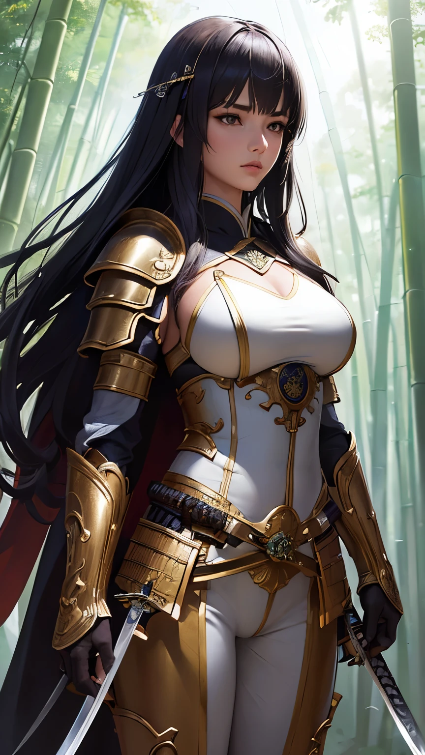 ((highest quality)), ((Ultra-detailed)), (Surreal), (High quality CG illustration), Cinematic Light, Realistic, Very beautiful young woman, sexy, Big Breasts, light makeup,, Exquisite Details EABA, Cape, Warrior、armor、((Long Japanese sword))、Warrior、Fight、((pants))、Bamboo forest in background,((breastplate))、