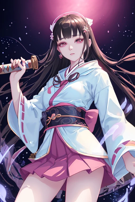 Nezuko sitting in a magical place, holding a katana in her hand, wearing a short, mid-thigh skirt, a white top, with beautiful detailed eyes and lips, an extremely detailed face with long eyelashes. The artwork is of the best quality, in 4k, 8k, high resolution, a masterpiece at a 1.2 intensity. The image is ultra-detailed and realistic, with a photorealistic effect at a 1.37 intensity. The art style is anime, specifically portraits. The colors are vivid, with studio lighting that accentuates the sharp focus. The overall image has an HDR effect.

In the scene, Nezuko is sitting in a magical place, surrounded by enchanting and ethereal elements. The place exudes a sense of mystery and wonder, with sparkling lights and floating particles in the air. The magical atmosphere is enhanced by the vibrant colors, creating a visually captivating experience. Nezuko's expression is serene and determined, with her eyes emanating a captivating gaze.

The katana she holds in her hand is intricately designed and shines with a mystical aura. The details on the katana, such as the patterns on the blade and the hilt, are meticulously rendered. The short, mid-thigh skirt Nezuko wears adds a touch of elegance and femininity to her character. The white top she wears highlights her delicate features and complements the vibrant colors of the surroundings.

The scene is bathed in studio lighting, which emphasizes the depth and dimension of the artwork. The sharp focus brings out the fine details of Nezuko's eyes and face, capturing every nuance and expression. The HDR effect adds dynamic range to the image, enhancing the overall visual impact.

The artwork portrays Nezuko in a stunning and captivating manner, showcasing her beauty and strength. The combination of the anime art style, vivid colors, and the magical setting creates a visually striking and immersive experience for the viewers.

Please generate the Stable Diffusion prompt accordingly, sex. 