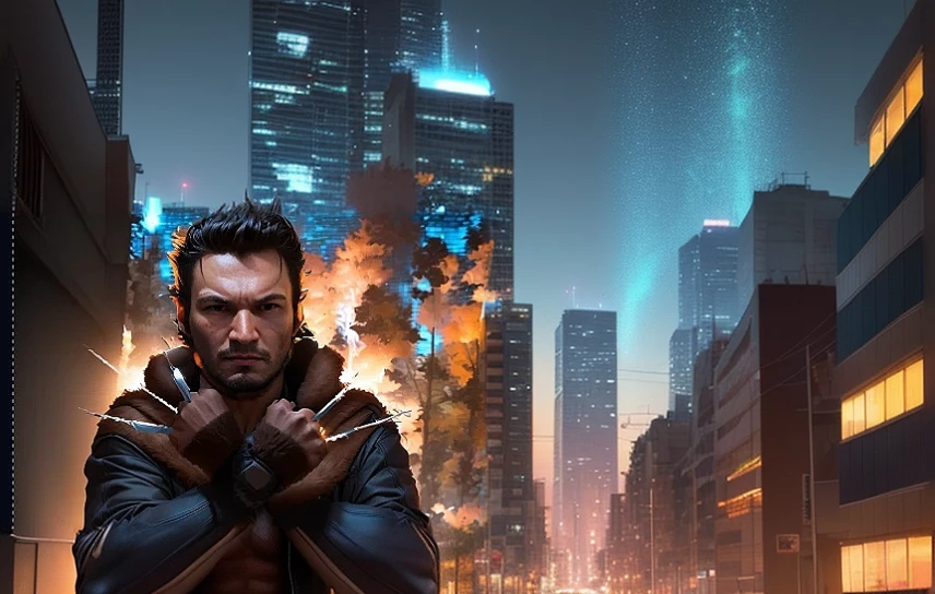 Wolverine em uma cidade a noite, sexy, Wolverine dos x men de lado 