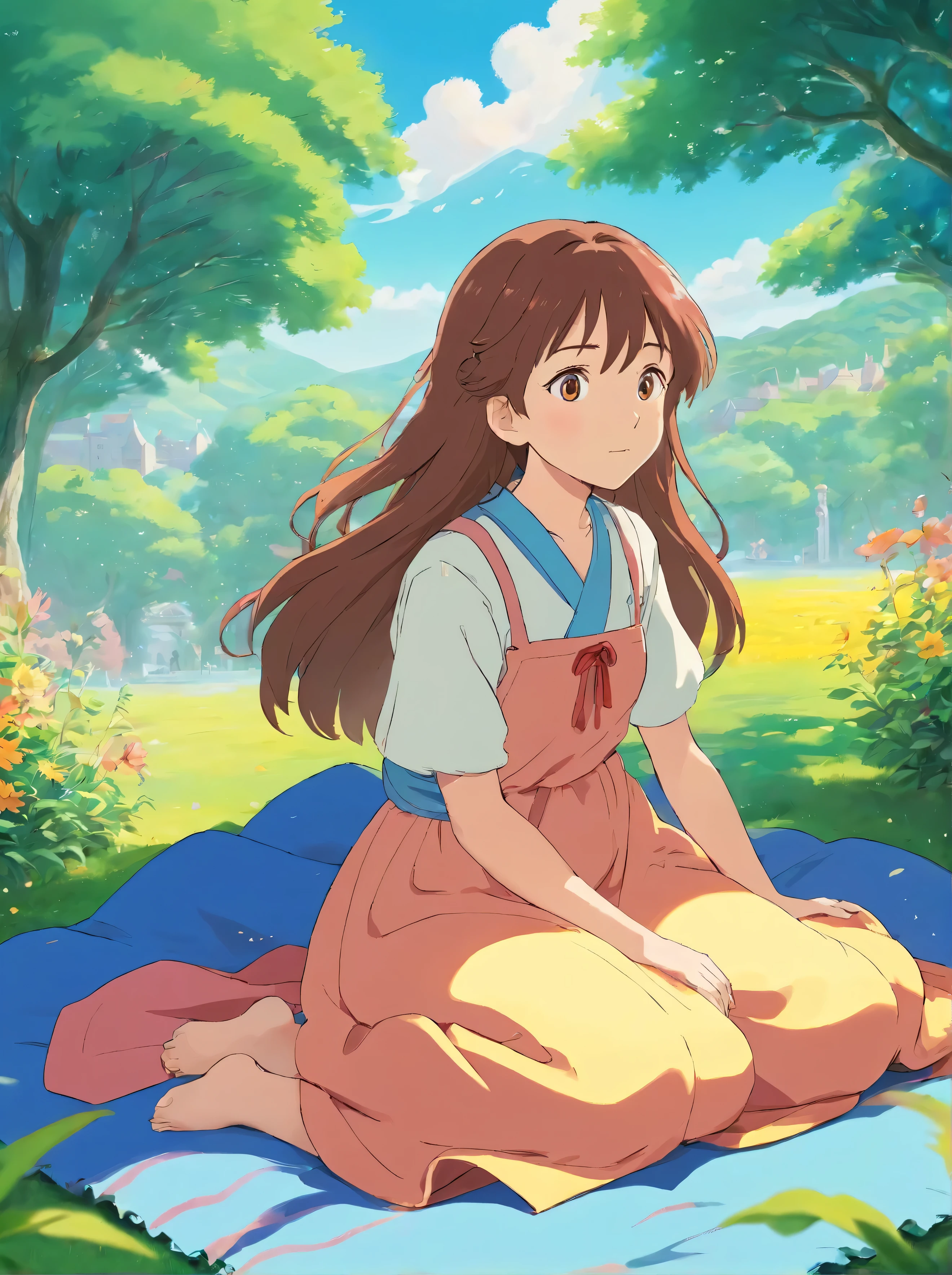 Anime girl lying on a blanket in the park, surrounded by vibrant flora and the soothing music of unknown origin. She gazes up at the clear blue sky with a sense of travel and excitement, lost in thought. The gentle breeze ruffles her long, wavy hair as she closes her eyes, imaginary destinations dancing in her mind.