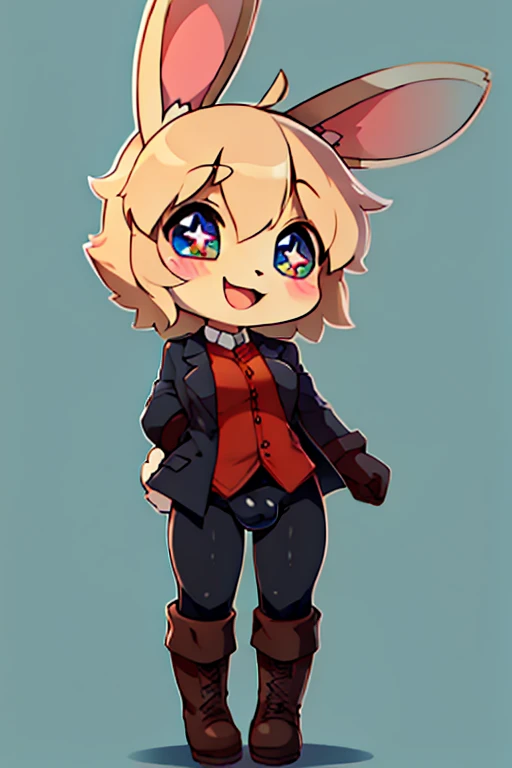 boy, rabbit, furry, bodyfur, blazer, bottomless, tights, gloves, boots, chibi, happy, sparkling eyes, bulge